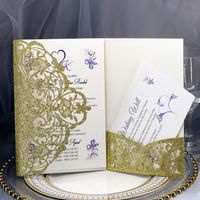 Yüksek Sınıf Altın Glitter Lazer Kesim Cep Düğün Davetiyeleri RSVP Kart Ve Zarf Yazdırılabilir İçi Boş Çiçek Trifold Quinceanera Davet Ediyor