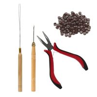 Hårförlängning Verktygssats Feather Plier Hook Pulling Needle 100pcs Micro Silicone Link Ringar Brown Beads Loops DIY Hair Styling Tools