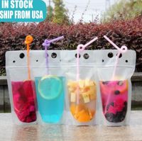 Amerikaanse voorraad 100 stks clear drink pouches tassen frosted rits stand-up plastic drinktas met stro met houder Reclosable warmte-proof