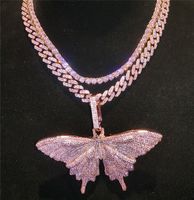 Ciondolo della collana di farfalla animale rosa ghiacciata con catena di tennis rosa cubic zircone da uomo donna hip hop gioielli
