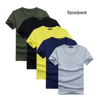 5 adet / grup Basit Stil Erkek T-Shirt Kısa Kollu Katı Pamuk Spandex Normal Fit Rahat Yaz Tops Tee Gömlek Erkek 10x Giysiler