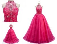 2021魅力的な熱いピンクの安いQuinceanera Promのドレスハイネックボールガウンのキーホールバックコルセットクリスタルビーズ甘い15イブニングパーティードレス