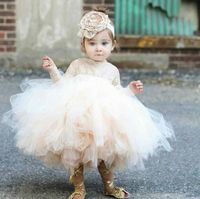 2019 Vintage Blume Mädchen Kleider Elfenbein Baby Säugling Kleinkind Taufe Kleidung mit langen Ärmeln Spitze Tutu Ballkleider Geburtstagsfeierkleid