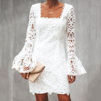 Summer Sexy White Simple Boho Travel Beach Women Mini Dresses 2019 Bodycon Flare Sleeve Plain Party Sweet Backless Lace Dress
