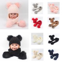 8styles Baby Winter Beanies Scarf Set Pom Pom Knit Hats Scarves Girls Solid Fur Skull Caps Wraps Double Ball Wool Cap Neckerchief FFA3159-1