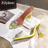 Eilyken 옐로우 실버 PVC 투명 뾰족한 발가락 이상한 Perspex 뒤꿈치 여성 펌프 샌들 크리스탈 태양 장식 웨딩 신발