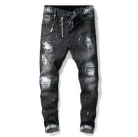 Homens exclusivos pintados jeans rigrupas estiramento de moda preto designer magro encaixar lavado motocycle calças denim painéis quadril hoptrousers 1012