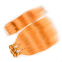 Reines orange indische Menschenhaar-Tressen 3Bundles mit Top Closure 4Pcs Lot Gerade Orange Colored Menschliches Haar Weaves mit 4x4-Spitze-Schliessen