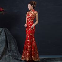 HF819 Красный китайский Свадебное платье Женский Длинные Короткие рукава Cheongsam Золото Тонкий китайский традиционный платье Женщины Qipao для свадебного банкета 8