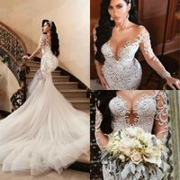 De luxe 2019 Sexy robes de mariée arabes sirène perles broderie robes de mariée pure cou manches longues robes de mariée Robe De Novia