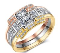 Hızlı vintage elmas kare elmas trikolor çift yüzük kadınlar evlilik yıldönümü günü hediye yüksek kalite asla solmaya asla