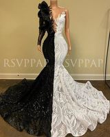 Zwart / Wit Mermaid Long Prom Dress 2020 Nieuwe Collectie Sparkly Sequin One Long Sleeve Afrikaanse Meisje Prom Jurken