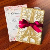 2020 Altın Glitter Eyfel Kulesi Paris Lazer Kesim Kurdele ile Düğün Davetiyeleri Düzenlenebilir Quinceanera Davetiyesi Lazer Kesim Tatlı 16 Davet Et