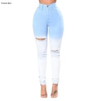 Для тощих джинсов сексуальные женщины осенью высокая талия джинсы женские 2019 голубой и белый градиентная дыра джинсовая карандаш брюки