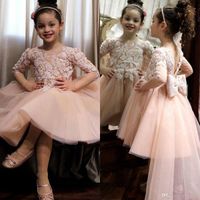 2020 vestidos de niña de las flores color rosa con luz del cordón del arco apliques de tul longitud de la rodilla niñas desfile de vestido de los niños comunión Vestidos de cumpleaños