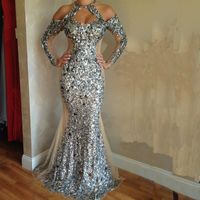 Sprankelende zilveren avond Pageant jurken met lange mouwen 2019 juweel sleutelhang nek luxe kristal kralen pailletten Mermaid Prom-jurk