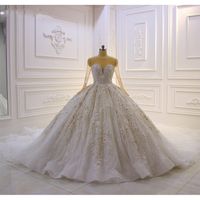 2020 de lujo del vestido de boda del cordón de los vestidos de bola cuello de la joya con cuentas apliques de flores 3D País novia de la boda de la vendimia más el tamaño de los trajes de soirée