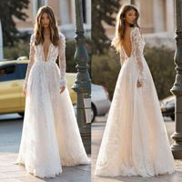 Berta Long Sleeves Lace Wedding Dresses A Line Deep V Neck B...