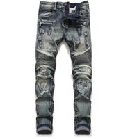 Mens clássico jeans jeans masculino magro reta joelho drape painel moto biker jeans destruído arrancado estiramento hip hop calças