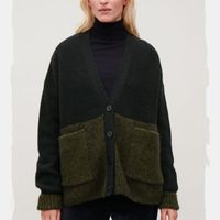 Женщины распадаются зеленая шерсть и мохер винтажный кардиганский свитер Осень зимний с длинным рукавом V -шея двойные карманы негабаритный пальто