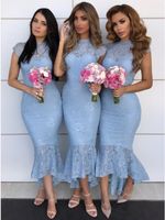 Мода длина чая кружева пыльные голубые невесты вечерние платья русалка с короткими рукавами Высокие шеи полые задняя страна свадебное платье вечеринка