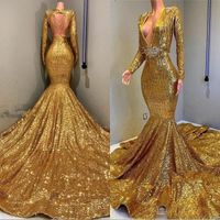 Gold Mermaid Prom Party Dresses Cheap V- neck Long Sleeves Se...