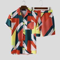 여름 패션 트랙 슈트 남자 세트 인쇄 된 짧은 소매 옷깃 셔츠 캐주얼 반바지 해변 남자 하와이안 정장 2 조각 스트리트웨어