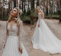 Bohemian Långärmad bröllopsklänningar 2020 Romantisk spets Vestido de Noiva Se genom landstrandbröllopsklänning