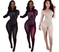 New Wholesale Hot Sexy See Through Women Black Mesh Jumpsuit Long Sleeve Club Party Bodysuit Women Sequined Dot Bodycon Jumpsuit Wine Red