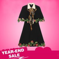 Ecombird Pist Elbise Siyah Yaz Sonbahar kadın Lüks Pullu Nakış Vintage Elbiseler Pelerin Kol Çiçek Yeni Moda 2018 D19011501