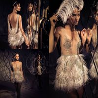 Elihav Sasson Short Prom Dresses 2019 Illusion Crystals Beaded Cocktail Party Gowns Sexy Backless Lace Feathers Special Occasion Dresses