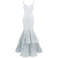 Angel-Fashions Mulheres Spaghetti Strap Lace Ruffle Sereia Bubble Vestido De Noite Vestido Vestido De Prom Vestido Luz Cinza 417
