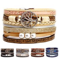 Boho Multilayer Tree of Life Leather Wide Cuff Handmade Wristbands Wrist Braided Magnetic Buckle Casual Pearl Bangle Bracelet for Women Girl