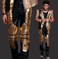 mens leather pants stage personality harem pant men feet trousers singer dance rock fashion street star style zipper gold