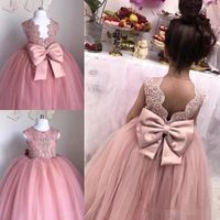 Carino Dusty Pink Flower Girls Abiti Gioiello Neck Beaking Tulle Backless Big Bow Bambina Pageant Birthday Party Gown Bambini Abbigliamento formale