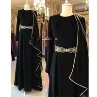 Svart en linje arabisk dubai prom klänningar juvel nacke långärmad rhinestone bälte formell slitage golv längd chiffong muslim kväll klänning