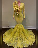 Lange prom jurken 2020 sexy zien door top sparkly glitter sequin Afrikaanse zwarte meisje lange mouw gele zeemeermin prom avondjurk