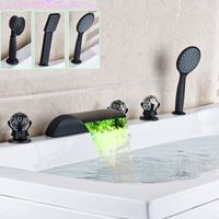 Free Shipping modern luxury Crystal Handles 5pc Brass Bathroom Bathtub Faucet Widespread Waterfall Spout Bathtub Mixers with LED Light
