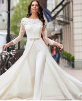 Macacões brancos 2019 vestidos de noiva manga comprida Lace Appliqued cetim vestidos de noiva Com destacável saia Plus Size Calças Vestidos de Novia