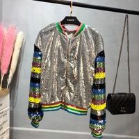 Streetwear Color Block Rainbow Stripes Long Sleeve Outwear Bingbing Sequins Stand Collar Baseball Jacket Sliver Female Coats