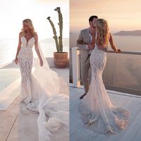2019 Modern Mermaid Wedding Dresses Deep V Neck Appliqued La...