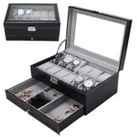 12 Camadas Grids Ranhuras duplas PU Leather Watch Box de armazenamento Professional caso relógio Anéis Pulseira Organizer Box Titular