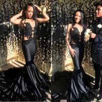 Siyah Gelinlik 2019 Seksi Illusion Korse Saten Uzun Tren Abiye giyim Mermaid Aplikler Güney Afrika Akşam Kraliçe Giymek