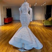 Luxuriöse echte Bilder Südafrikanische Dubai Meerjungfrau Brautkleider High Hals Perlen Kristalle Brautkleider lange Ärmel Hochzeitskleider