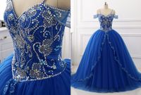 Cold Shoulder Sweet 16 Dresses Royal Blue Ball Gown Crystal Rhinestones Tulle Corset Back Quinceanera Prom Dress Long 2022