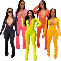 Plus size 2X Summer Women Jumpsuits fashion solid color Rompers long sleeve skinny bodysuits Casual overalls stack leggings 2774