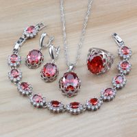Set di gioielli da sposa in argento 925 set per le donne costume rosso granato zirconico cinturino orecchini / collana / braccialetto e set di anelli