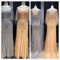 100% Real Image!Latest Luxury Capes Evening Dresses Dubai Beaded Crystals Bling Rhinestones Pearls Plus Size Sheath Prom Gowns Sheer Sleeves