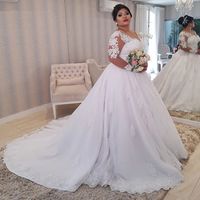 Elegant Plus Size Wedding Dress Luxury Pure White Lace Appliques Sheer Scoop Neck Long Sleeves A Line Tulle Sweep Train vestido de noiva