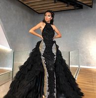 Siyah Sparkly Abiye Ayrılabilir Tren Halter Boncuklu Sequins Balo Elbisesi Basamaklı Ruffles Kat Uzunluk Örgün Parti Kıyafeti